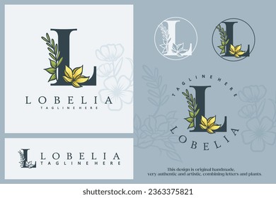 Vector Hand Drawn Floral Alphabet Monogram or Logo. Letter with Flowers and Branches. Artistic flowers. Floral Design Element. Logo brand identity with the initial L