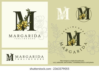 Vector Hand Drawn Floral Alphabet Monogram or Logo. Letter with Flowers and Branches. Artistic flowers. Floral Design Element. Logo brand identity with the initials M