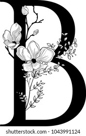 Vector Hand Drawn floral B monogram or logo. Letter B with Flowers and Branches. Cherry Blossom. Floral Design