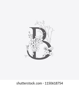 Vector Hand Drawn floral B monogram or logo. Uppercase Letter B with Flowers and Branches. Wildflowers. Floral Design