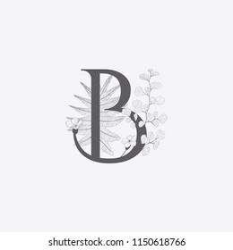 Vector Hand Drawn floral B monogram or logo. Uppercase Letter B with Flowers and Branches. Wildflowers. Floral Design