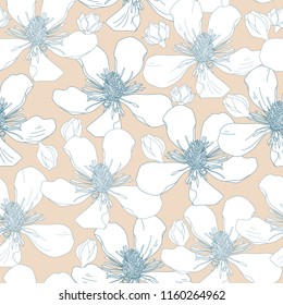 Vector hand drawn floral background. Seamless pattern with flowers. Artwork for textiles, fabrics, souvenirs, packaging and greeting cards.