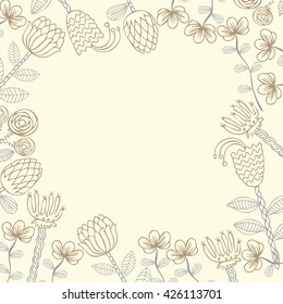 Vector Hand drawn floral background with frame for your text. Card with flowers. Doodle template universal hand drawn card