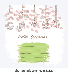 Vector Hand drawn floral background with frame for your text. Card with flowers. Doodle template universal hand drawn card