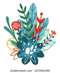 Vector hand drawn floral bouquet. Colorful isolated different leaves and flowers.  Design for T-shirt, textile and prints.