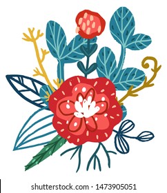 Vector hand drawn floral bouquet. Colorful isolated different leaves and flowers.  Design for T-shirt, textile and prints.