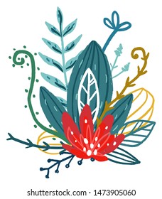 Vector hand drawn floral bouquet. Colorful isolated different leaves and flowers.  Design for T-shirt, textile and prints.