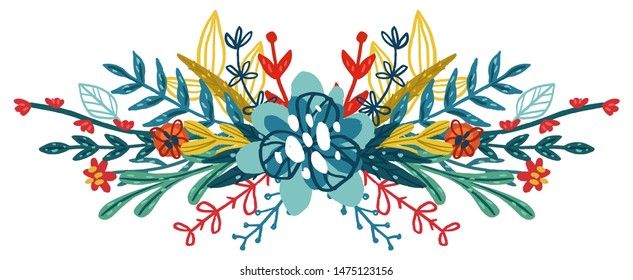 Vector hand drawn floral bouquet. Colorful isolated different leaves and flowers.  Design for T-shirt, textile and prints.