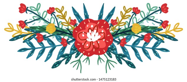 Vector hand drawn floral bouquet. Colorful isolated different leaves and flowers.  Design for T-shirt, textile and prints.