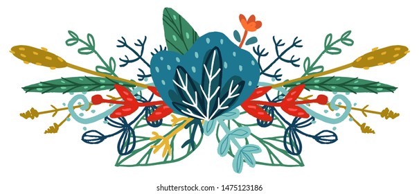 Vector hand drawn floral bouquet. Colorful isolated different leaves and flowers.  Design for T-shirt, textile and prints.