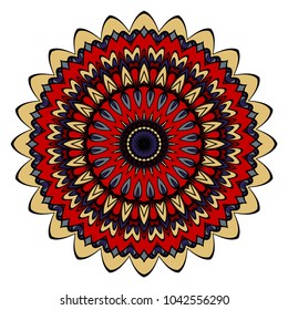 Vector hand drawn floral color mandala design. For fashion, surface design. Red, purple, gold color