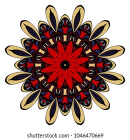 Vector hand drawn floral color mandala design. For fashion, surface design. Red, purple, gold color