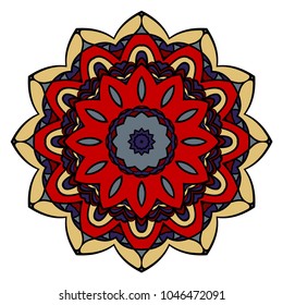 Vector hand drawn floral color mandala design. For fashion, surface design. Red, purple, gold color