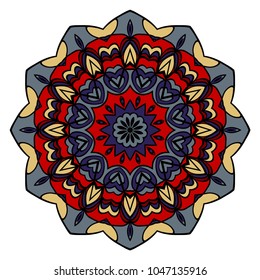 Vector hand drawn floral color mandala design. For fashion, surface design. Red, purple, gold color
