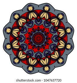 Vector hand drawn floral color mandala design. For fashion, surface design. Red, purple, gold color
