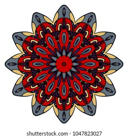 Vector hand drawn floral color mandala design. For fashion, surface design. Red, purple, gold color