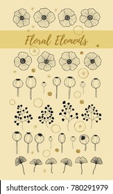 Vector hand drawn floral design elements set with flowers and leaves