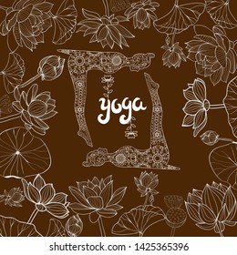 Vector hand drawn floral frame of Lotuses flowers and llustration with Yoga Poses. Yoga and meditation concept background with text yoga.