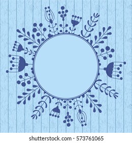 Vector hand drawn floral frame on wooden background