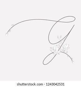 Vector Hand Drawn floral G monogram or logo. Uppercase Hand Lettering Letter G with Flowers and Branches. Wildflowers. Floral Design