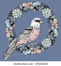 Vector hand drawn floral illustration of a bird and a floral wreath in a vintage style