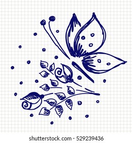 Vector hand drawn floral  illustrations with butterfly, blue flowers, leaves, branch, dots. Decorative cute graphic drawn illustration isolated on the white checkered background