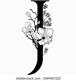 Vector Hand Drawn floral J monogram or logo. Letter J with Flowers and Branches. Cherry Blossom. Floral Design