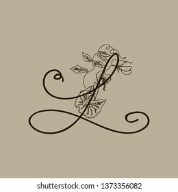 Vector Hand Drawn floral L monogram or logo. Uppercase Hand Lettering. Letter L with Flowers and Branches. Wildflowers. Floral Design