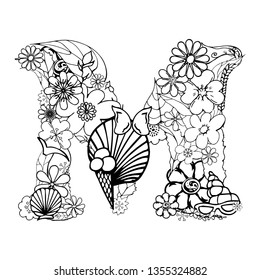 Vector Hand drawn Floral letter M in dudling style.Creative decorative alphabet with branches of leaves,plants,flowers. Outline hand drawing coloring page for coloring book. Isolated suMMer elements.