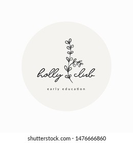 Vector Hand Drawn Floral Logo Template. with Doodle Flowers and Branches. Flowered Design Elements. Brand Identity