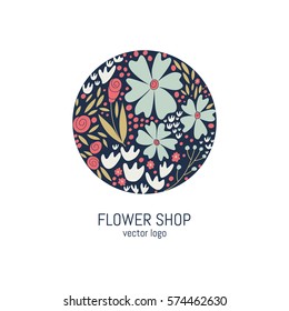 Vector hand drawn floral logo in a circle  shape. Great design element for flower shop, beauty shop, organic cosmetics, sticker.