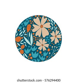 Vector hand drawn floral logo in a circle  shape. Great design element for flower shop, beauty shop, organic cosmetics, sticker.