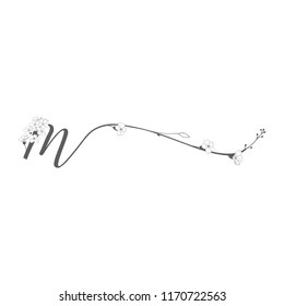 Vector Hand Drawn floral M monogram or logo. Lowercase Hand Lettering Letter m with Flowers and Branches. Wildflowers. Floral Design
