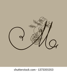 Vector Hand Drawn floral M monogram or logo. Uppercase Hand Lettering. Letter M with Flowers and Branches. Wildflowers. Floral Design