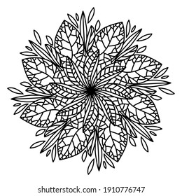 Vektor, handgezeichnet, florale Mandala einzeln auf weißem Hintergrund. Mandala Färberseite mit Blättern.