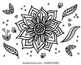 Vetor mão desenhada floral Mandala colorir página para crianças e adultos. Desenhar design vetorial linear com Folhas e Corações. Arte de Linha em Preto e Branco para Livro Imprimível, Colorir