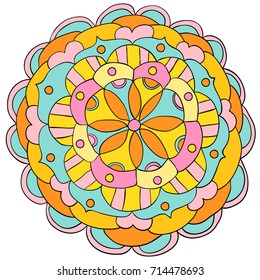 Vector hand drawn floral mandala ornament in bright, bold colors for children clothing, meditation and yoga designs