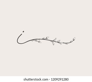 Vector Hand Drawn floral I monogram or logo. Lowercase Hand Lettering Letter i with Flowers and Branches. Wildflowers. Floral Design