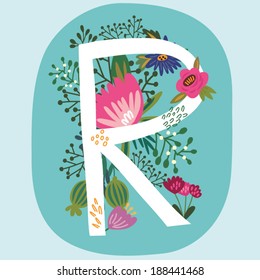 Vector hand drawn Floral monogram with vintage amazing flowers! Letters "R" Perfect for backgrounds of flyers, posters, invitations, cards, webs graphics, blogs, banners, and more.