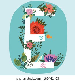 Vector hand drawn Floral monogram with vintage amazing flowers! Letters "E" Perfect for backgrounds of flyers, posters, invitations, cards, webs graphics, blogs, banners, and more.