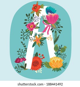 Vector hand drawn Floral monogram with vintage amazing flowers! Letters "A" Perfect for backgrounds of flyers, posters, invitations, cards, webs graphics, blogs, banners, and more.