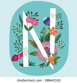 Vector hand drawn Floral monogram with vintage amazing flowers! Letters "N" Perfect for backgrounds of flyers, posters, invitations, cards, webs graphics, blogs, banners, and more.