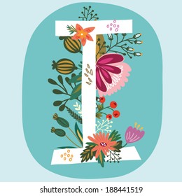 Vector hand drawn Floral monogram with vintage amazing flowers! Letters "I" Perfect for backgrounds of flyers, posters, invitations, cards, webs graphics, blogs, banners, and more.