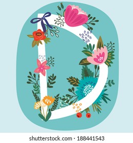 Vector hand drawn Floral monogram with vintage amazing flowers! Letters "D" Perfect for backgrounds of flyers, posters, invitations, cards, webs graphics, blogs, banners, and more.