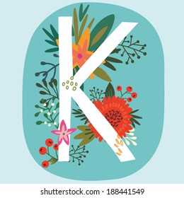 Vector hand drawn Floral monogram with vintage amazing flowers! Letters "K" Perfect for backgrounds of flyers, posters, invitations, cards, webs graphics, blogs, banners, and more.