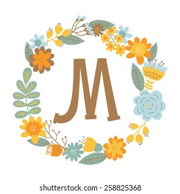 Vector hand drawn Floral monogram with vintage flowers. Letters "M" can be used for backgrounds of flyers, posters, invitations, cards, webs graphics, blogs, banners, and another design.