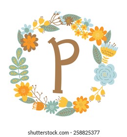 Vector hand drawn Floral monogram with vintage flowers. Letters "P" can be used for backgrounds of flyers, posters, invitations, cards, webs graphics, blogs, banners, and another design.