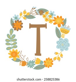 Vector hand drawn Floral monogram with vintage flowers. Letters "T" can be used for backgrounds of flyers, posters, invitations, cards, webs graphics, blogs, banners, and another design.