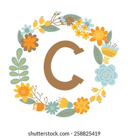 Vector hand drawn Floral monogram with vintage flowers. Letters "C" can be used for backgrounds of flyers, posters, invitations, cards, webs graphics, blogs, banners, and another design.
