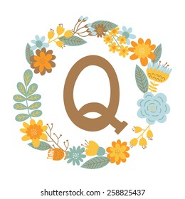 Vector hand drawn Floral monogram with vintage flowers. Letters "Q" can be used for backgrounds of flyers, posters, invitations, cards, webs graphics, blogs, banners, and another design.